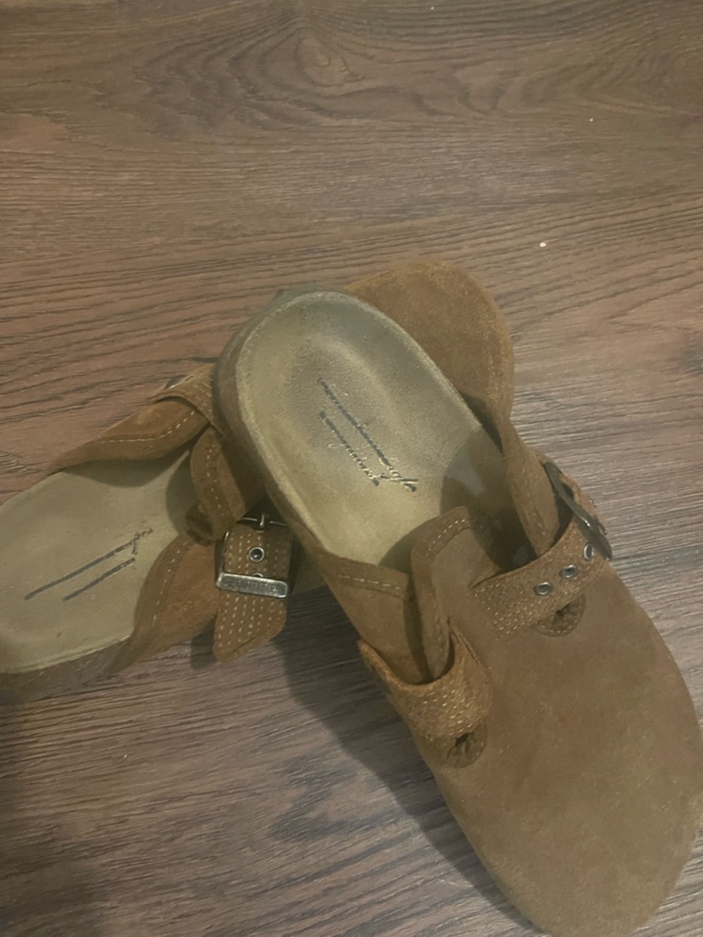Suede Brown Slip-On Clogs with Buckle Accent
